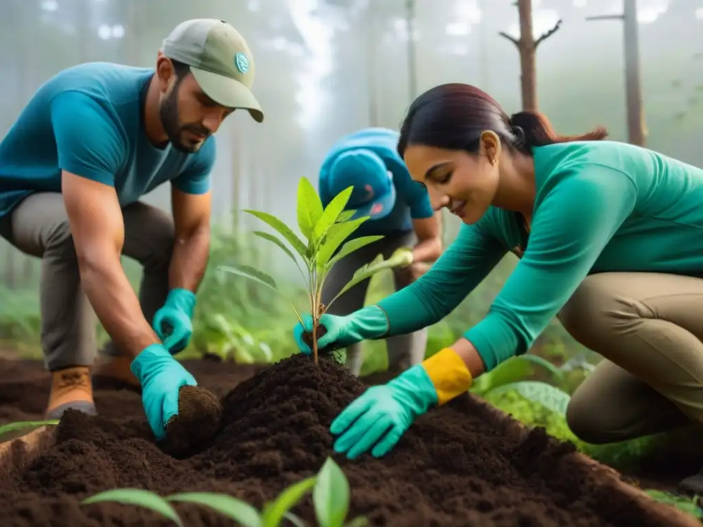 Iniciativas ecológicas en Uruguay: Grupo de voluntarios plantando árboles nativos en un exuberante bosque