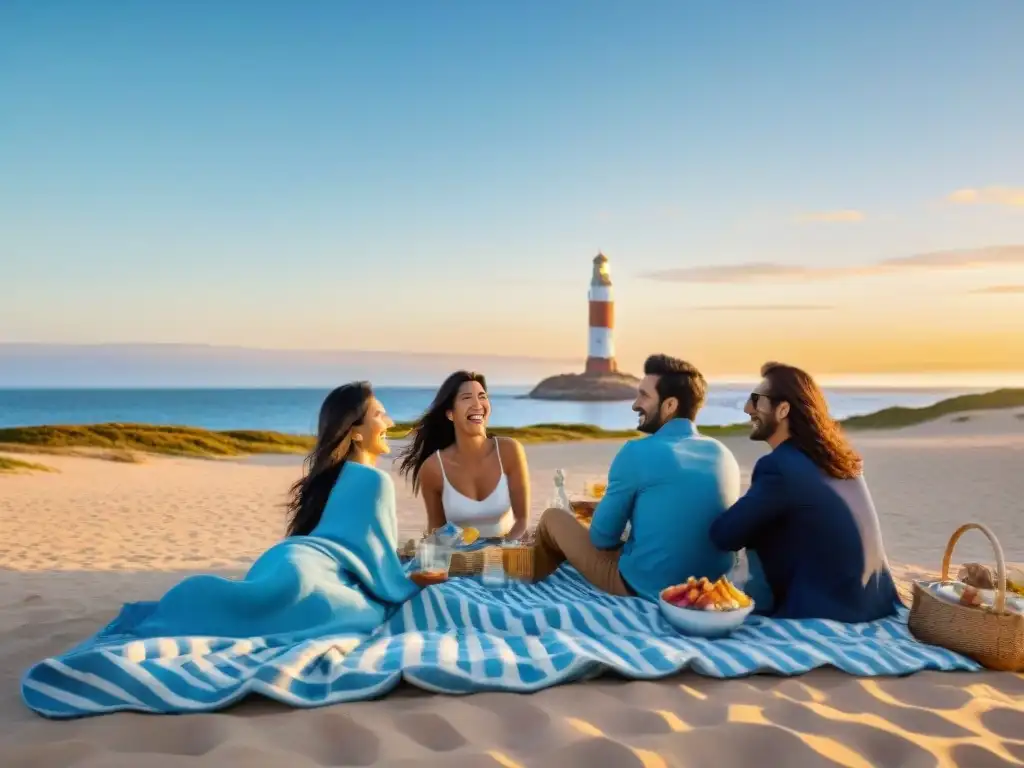 Un inolvidable picnic al atardecer en Punta del Este: amigos riendo, platos uruguayos y el icónico faro