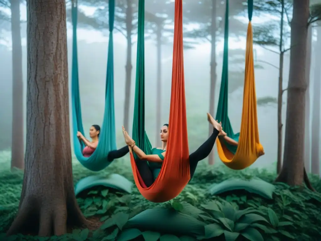 Inspirador retiro de yoga aéreo en Uruguay: yoguis practicando en hamacas suspendidas en un bosque verde y sereno