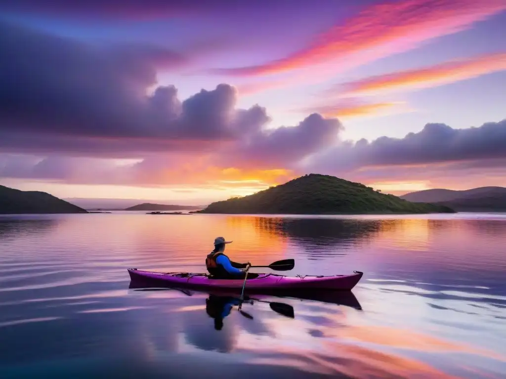 Un instante sereno de un kayaker en Laguna Garzón al atardecer