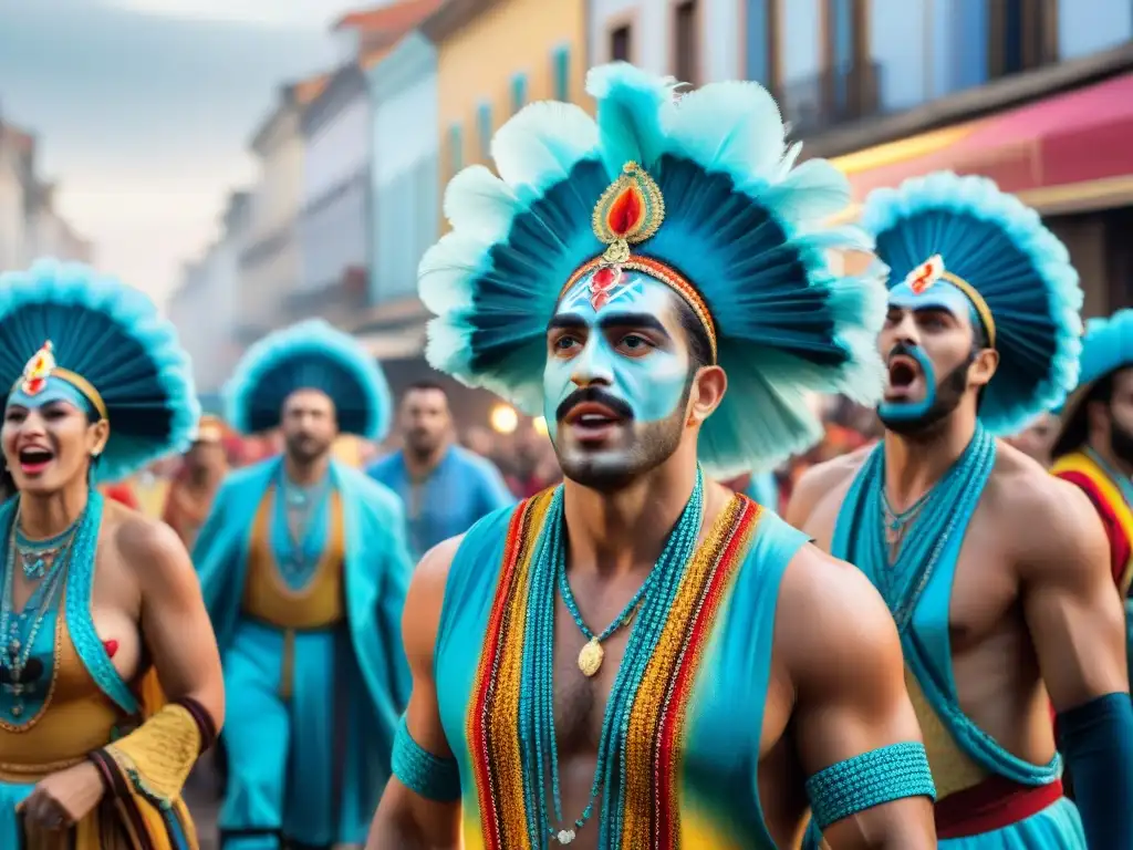 Intensa actuación de murgueros en el Carnaval uruguayo, transmitiendo historias y alegría en la calle