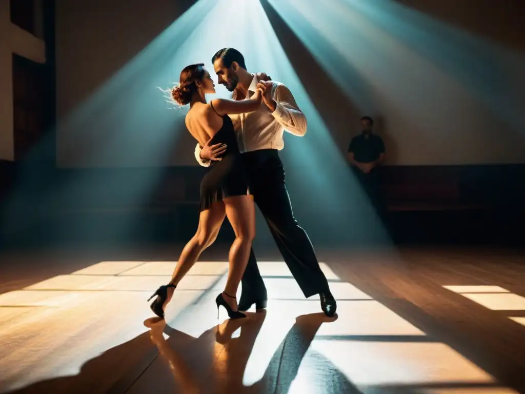 Intensa danza de tango en taller de fotografía uruguayo, mostrando fluidez y pasión entre bailarines