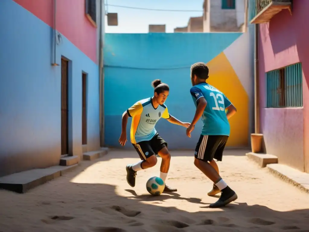 Intensa partida de fútbol callejero en Montevideo, Uruguay