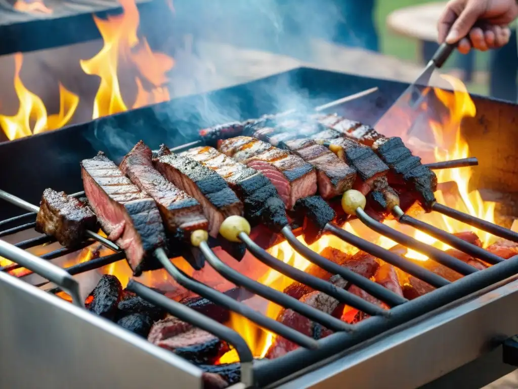 Intenso asado uruguayo en progreso, con carnes variadas, llamas y humo