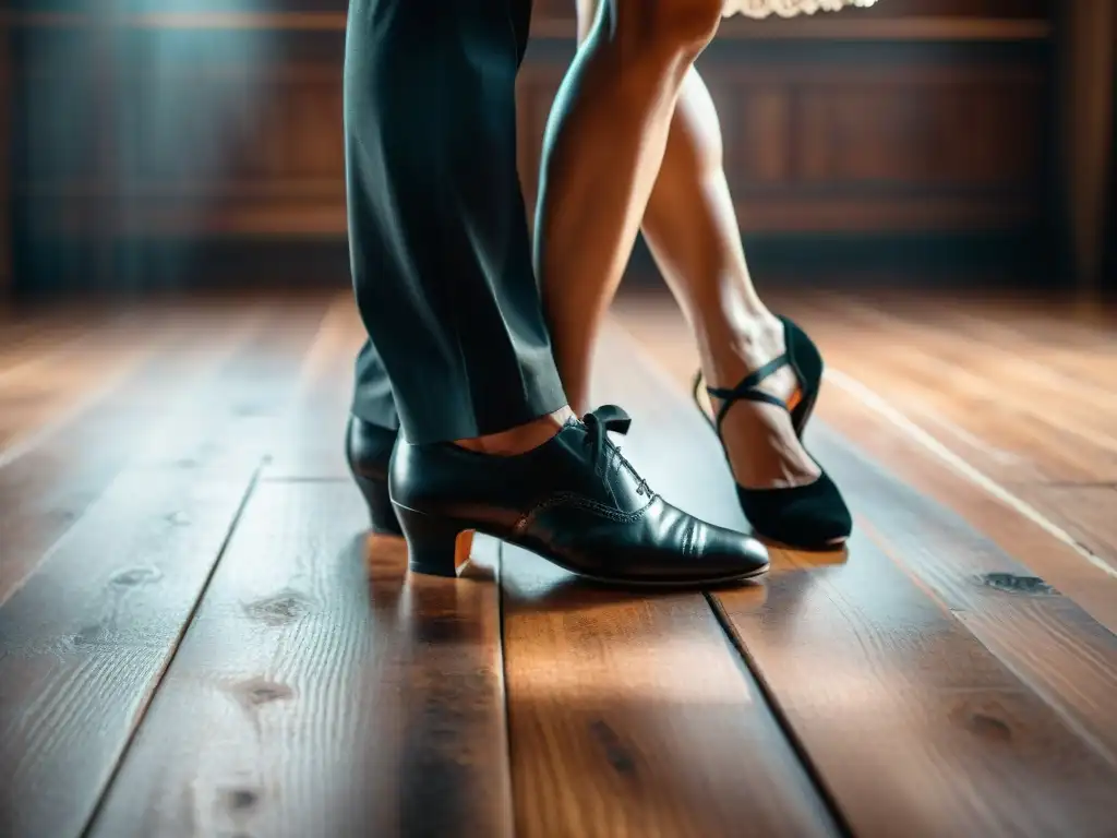 Intenso baile de tango entre pies de bailarines en una milonga de Uruguay, donde el Tango vive