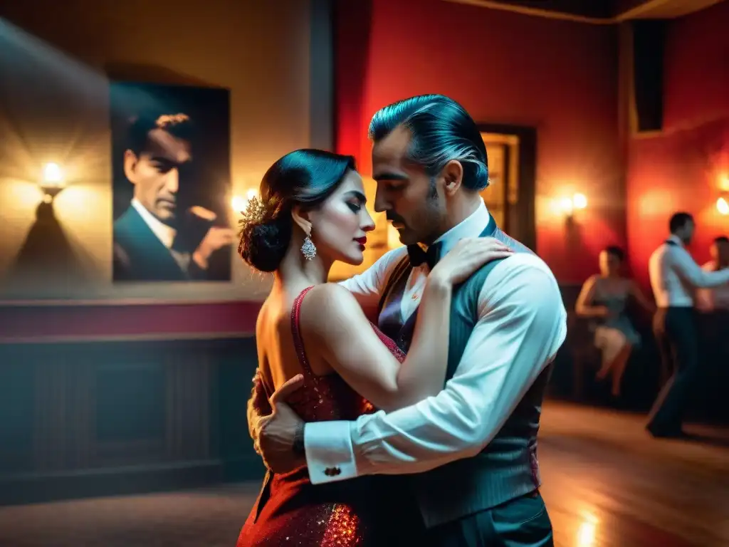 Intenso baile de tango uruguayo: pareja expresando la pasión y la elegancia en un bar de Montevideo