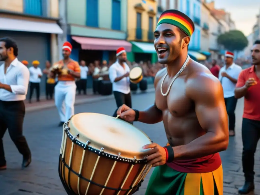 Intenso Candombe en Montevideo: músicos vibrantes y coloridos tocando tambores