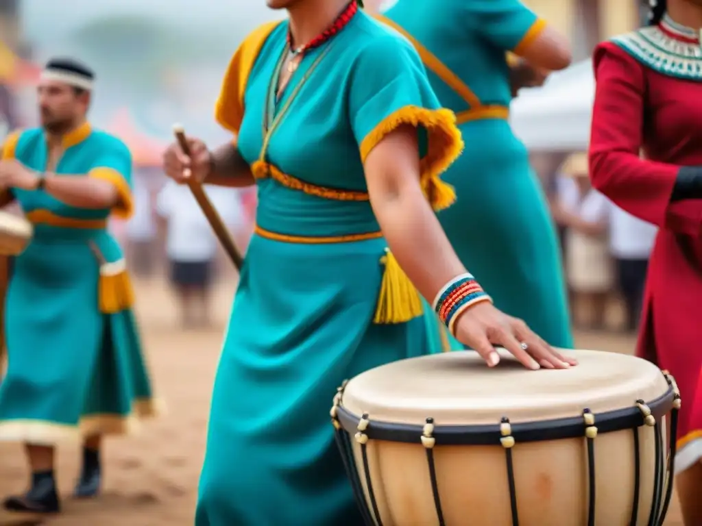 Intenso concurso de tambores en Uruguay, músicos apasionados tocando en competencia de Llamadas