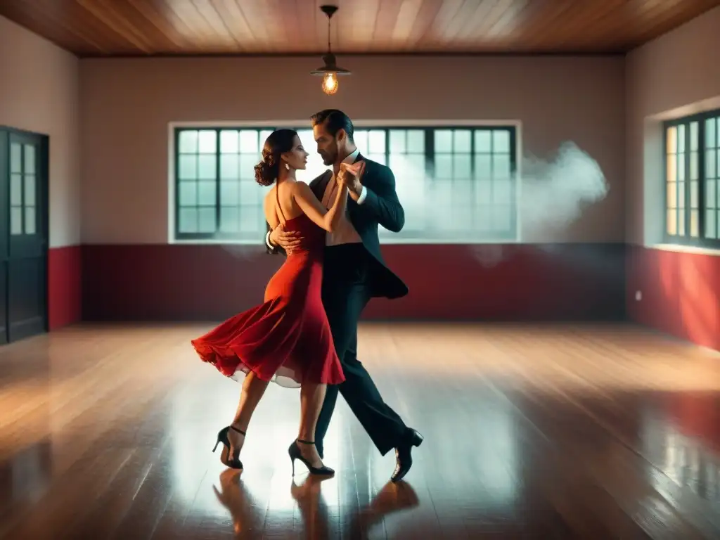 Intenso taller de fotografía tango uruguayo: pareja apasionada bailando tango en un estudio iluminado por luces tenues