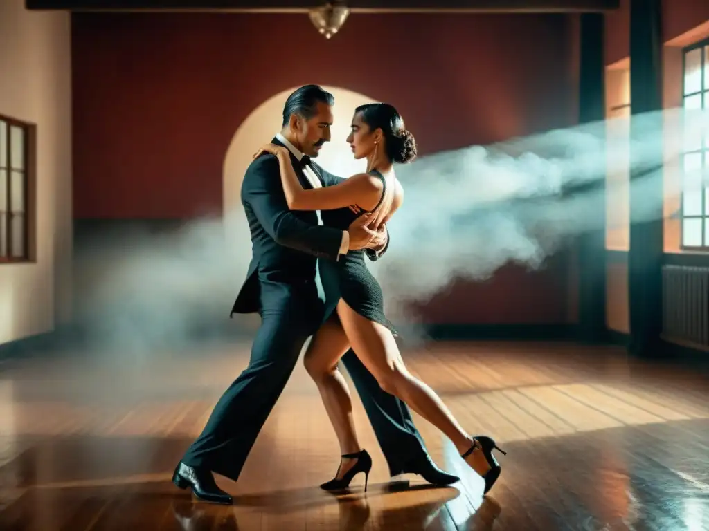 Intenso tango de pareja en estudio de Montevideo, expresando emoción y conexión