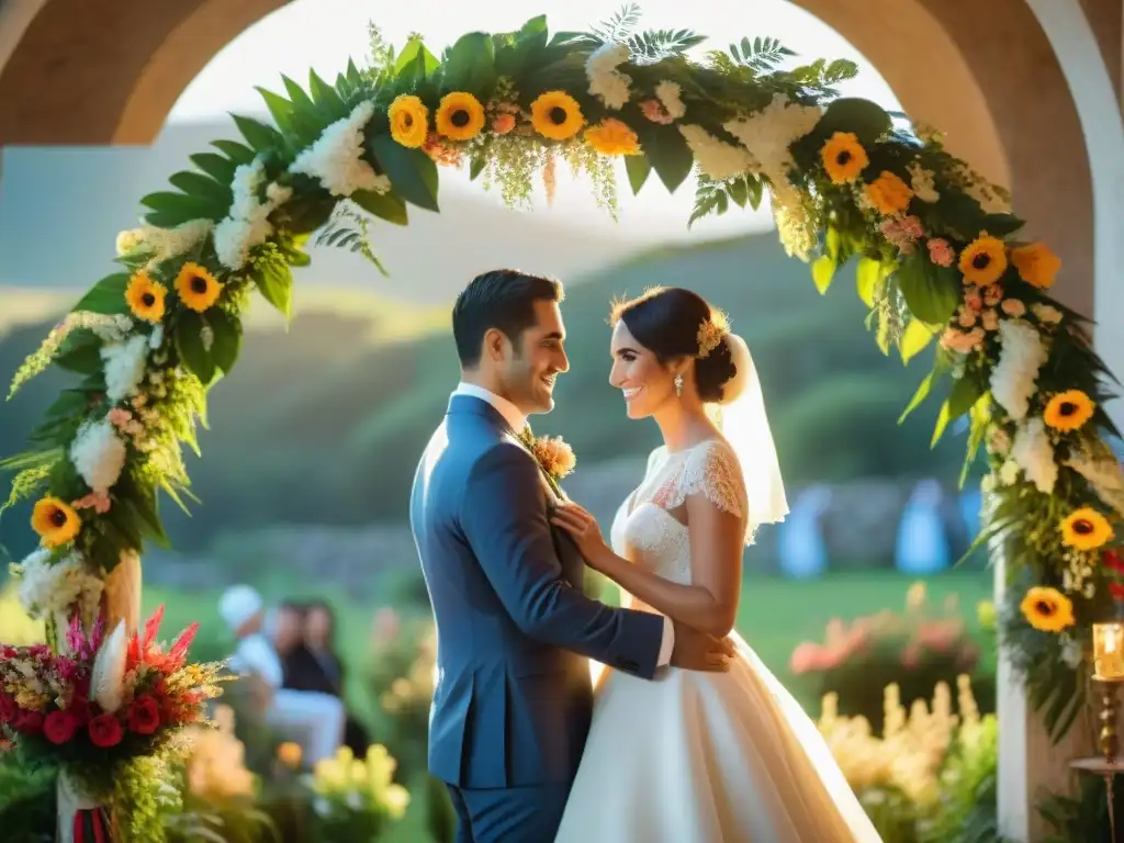 Intercambio de votos en una boda tradicional uruguaya, rodeados de naturaleza exuberante y flores coloridas