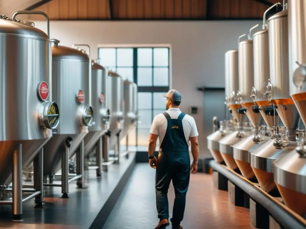 Interior de cervecería artesanal de lujo en Uruguay: maquinaria reluciente, cerveceros expertos y ambiente de dedicación y artesanía