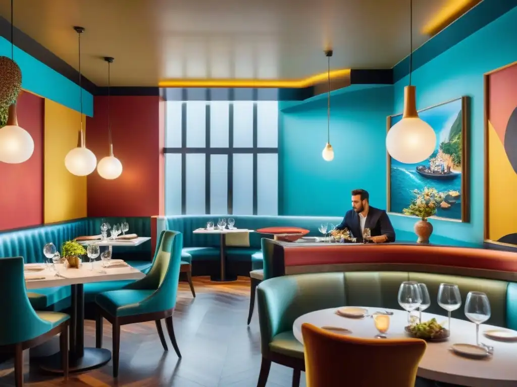 Interior vibrante de restaurante moderno en Uruguay, fusionando elementos tradicionales con diseño contemporáneo