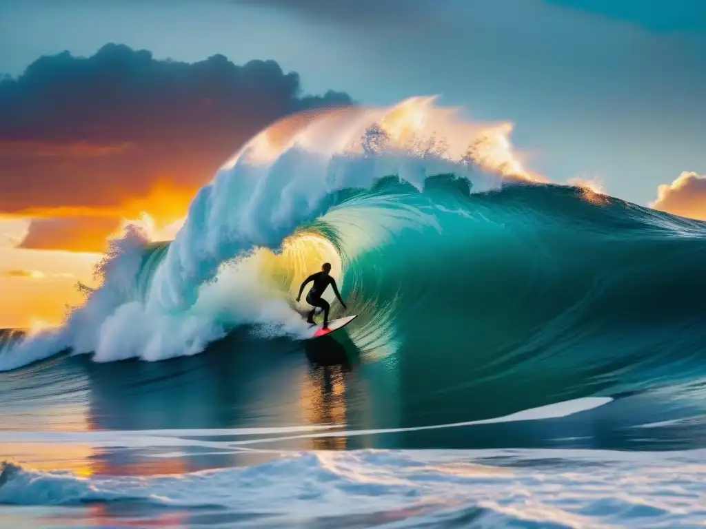 Un intrépido surfista desafiando una ola gigante al atardecer en Uruguay