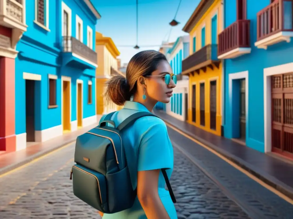 Joven exploradora con tecnología wearable para seguridad en las calles históricas de Montevideo, Uruguay