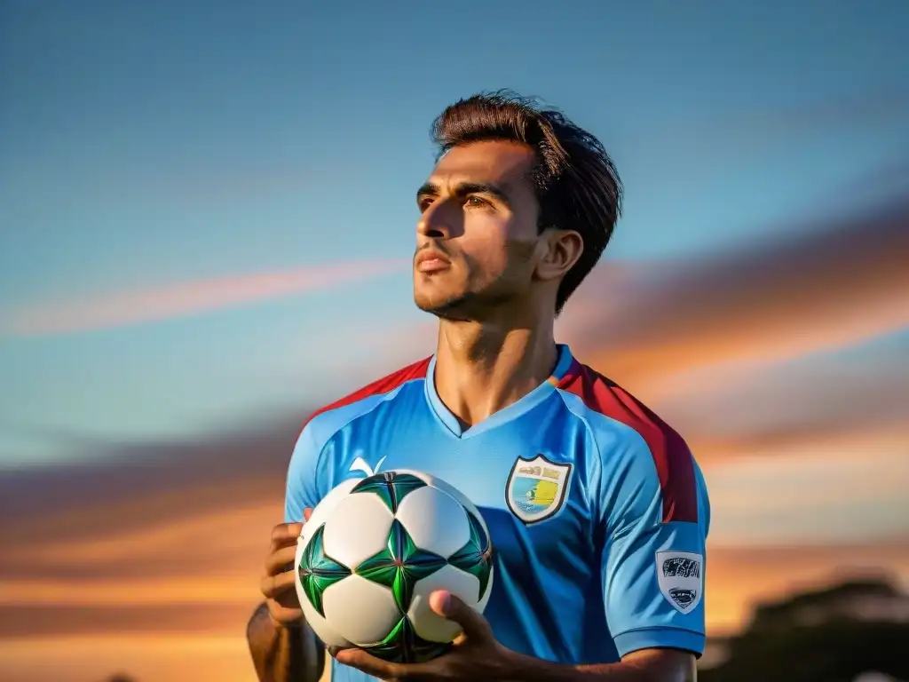 Un joven jugador uruguayo practica con determinación en un campo desgastado al atardecer, reflejando la pasión del fútbol uruguayo