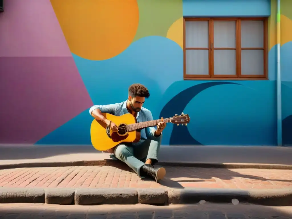 Un joven músico uruguayo, vida músico uruguayo Rada, tocando guitarra en esquina colorida con murales de Ruben Rada