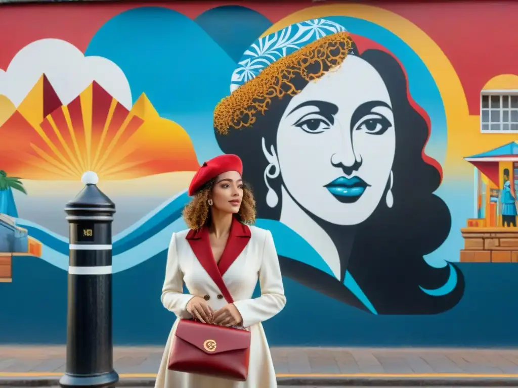 Una joven con vestido blanco y boina roja admira mural de historia uruguaya