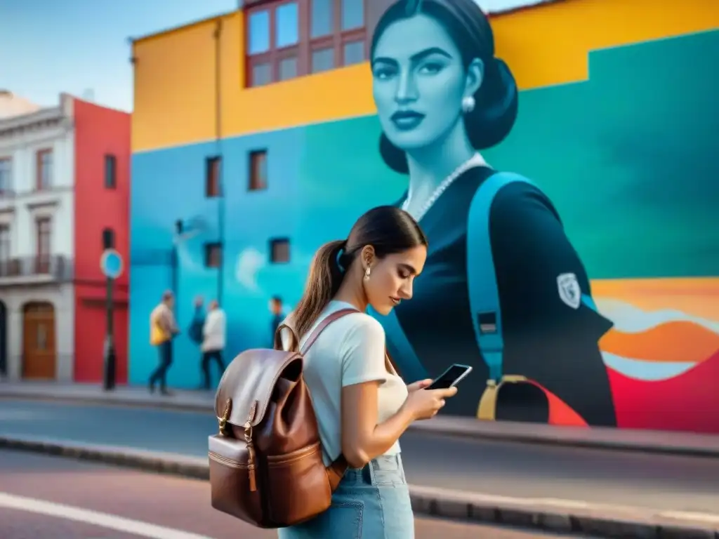 Una joven viajera en Uruguay usa una aplicación de seguridad en su teléfono frente a un mural colorido en Montevideo