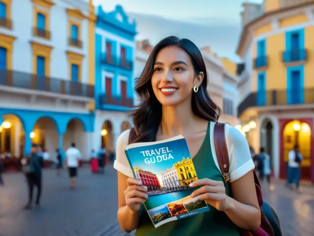 Joven viajera con guía de viaje Uruguay auténtica, explorando calles vibrantes de Montevideo