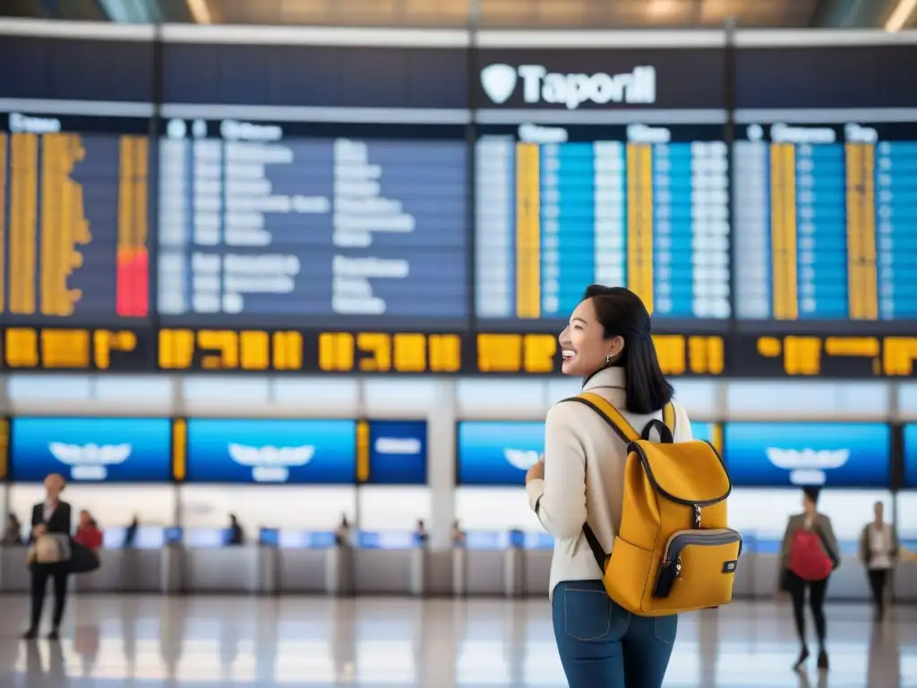 Una joven viajera en un bullicioso aeropuerto, lista para partir en una aventura