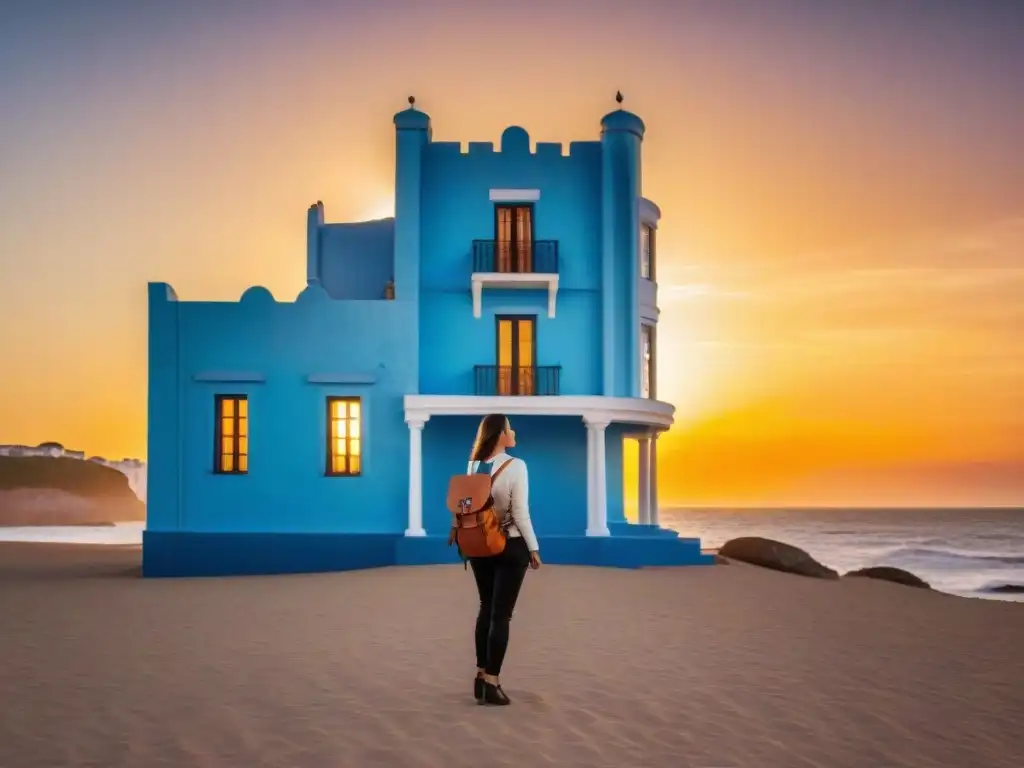 Una joven viajera admira Casapueblo en Punta Ballena al atardecer, transmitiendo la belleza de Uruguay y los beneficios del seguro de viaje