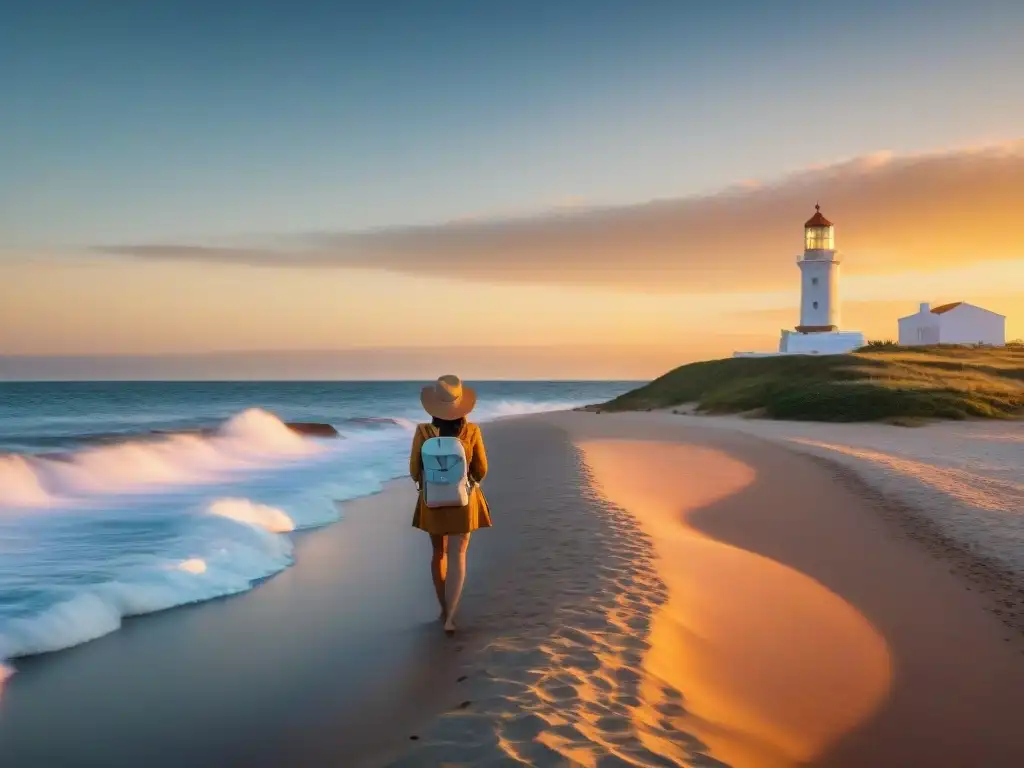 Una joven viajera en la deslumbrante Playa Brava de Punta del Este, Uruguay, con un botiquín de primeros auxilios para el viaje