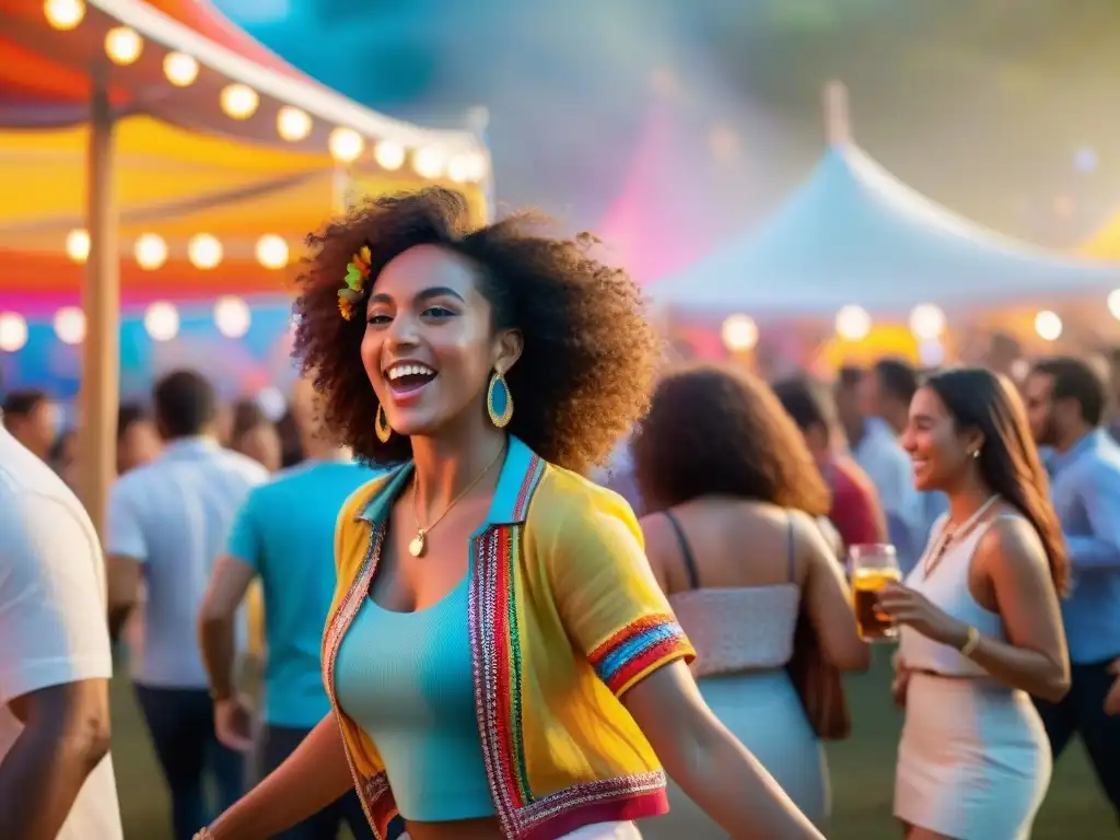 Jóvenes bailando alegres en el Festival Juventud Salto música arte al atardecer