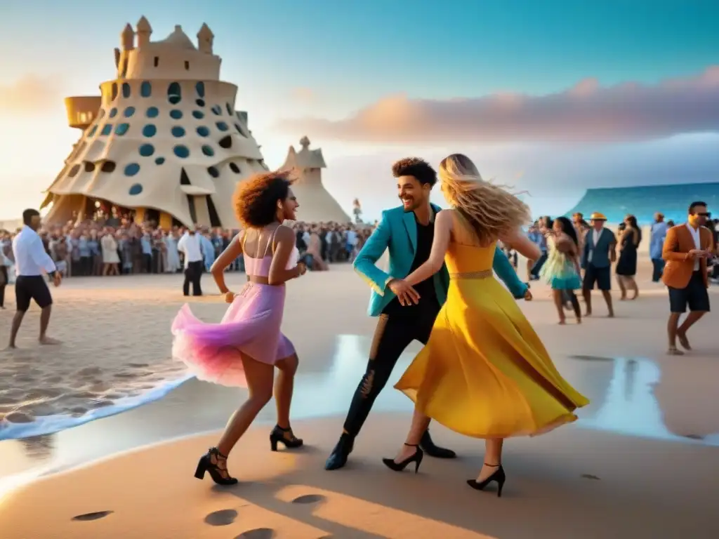 Jóvenes bailando con alegría en la Fiesta primavera La Pedrera, con música y decoración colorida en la playa al atardecer