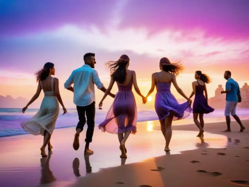 Jóvenes bailando descalzos en la playa de La Pedrera al atardecer, capturando la esencia de la fiesta primavera La Pedrera