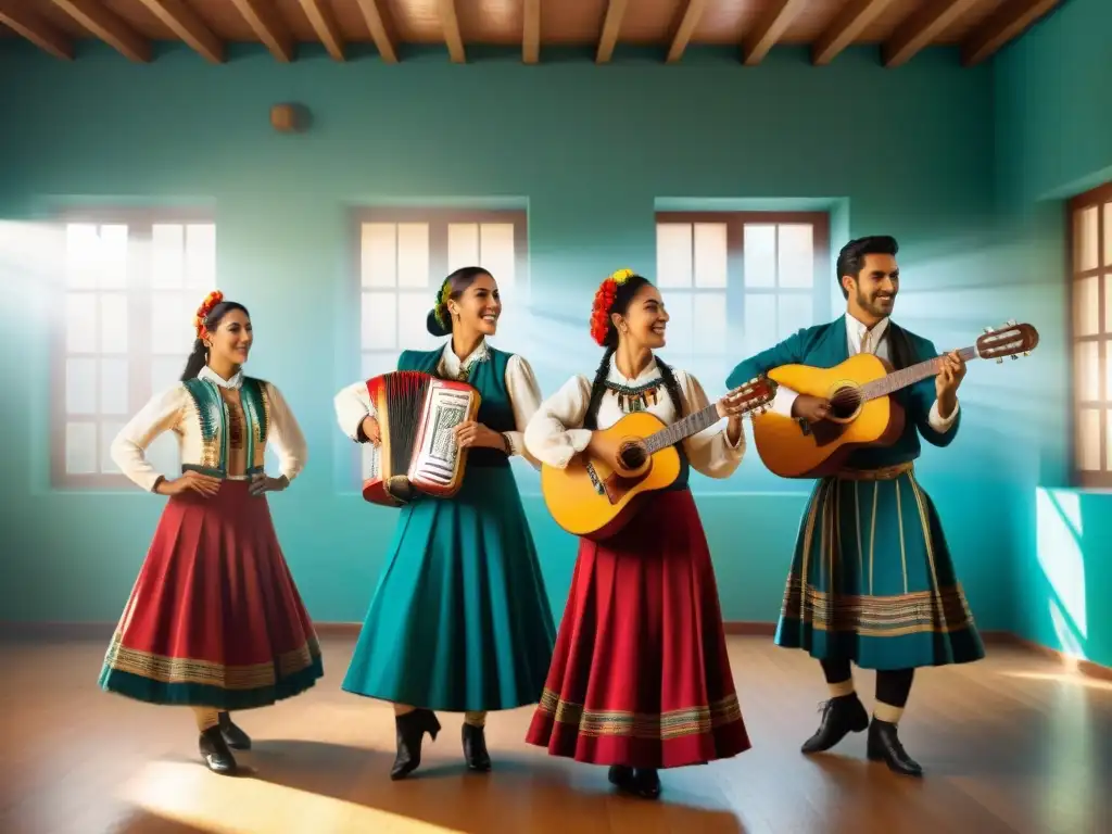 Jóvenes estudiantes en Uruguay tocando instrumentos de folclore, inmersos en la música y danza en un aula vibrante