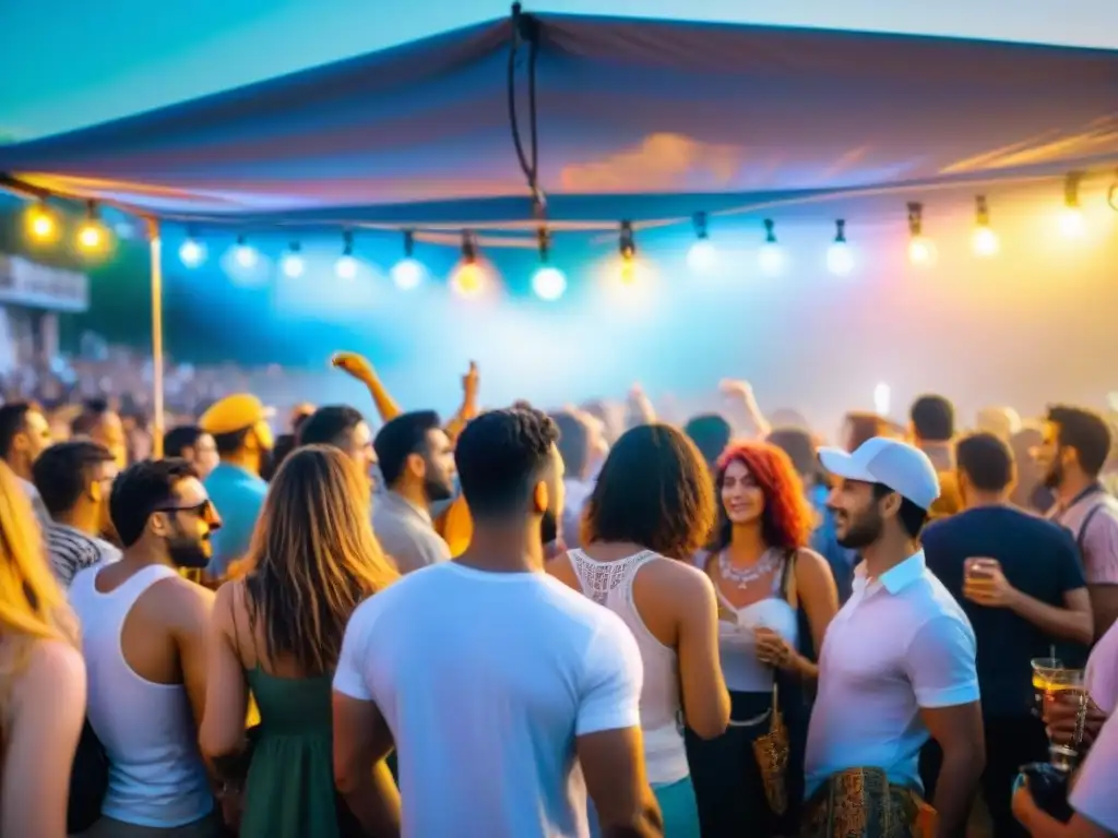 Jóvenes disfrutan de festival de música indie en Uruguay bajo luces coloridas