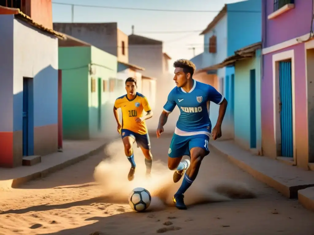 Jóvenes jugando fútbol en un barrio de Uruguay al atardecer