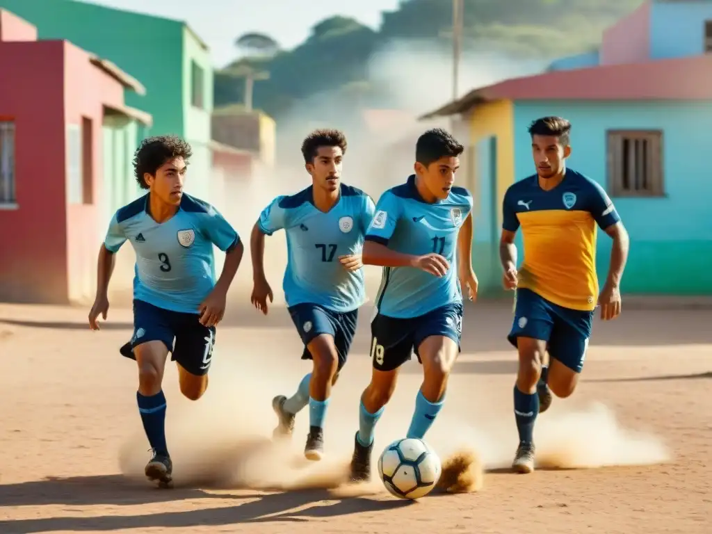 Jóvenes jugando fútbol en barrio uruguayo, reflejando pasión y talento