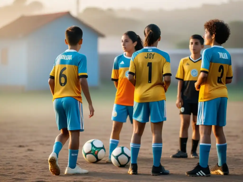 Jóvenes practican fútbol en un campo polvoriento al atardecer en Uruguay, con entrenadores apasionados y coloridos uniformes