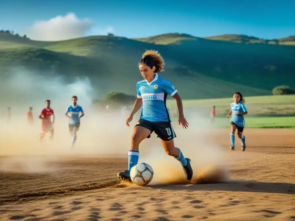 Jóvenes jugando fútbol en un campo polvoriento en Uruguay, con pasión y alegría