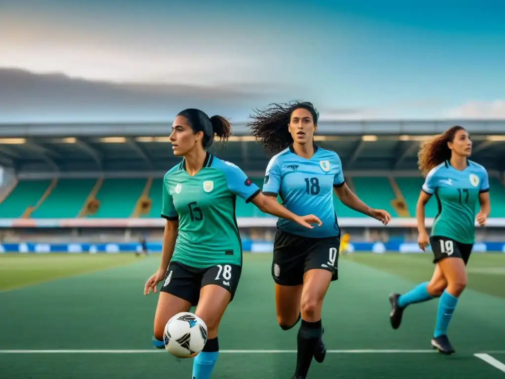 Jóvenes futbolistas uruguayas practican con pasión en un campo vibrante bajo el sol sudamericano, rompiendo barreras en el fútbol femenino Uruguay