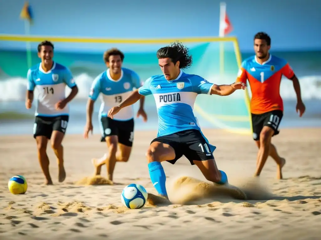 Jóvenes futbolistas uruguayos compitiendo apasionadamente en la playa de Punta del Este