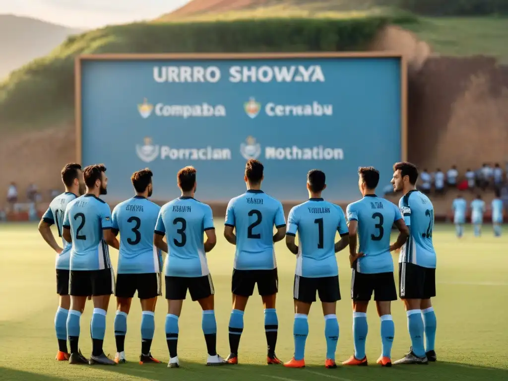 Jóvenes futbolistas uruguayos en tácticas secretas bajo el sol del atardecer, con el Cerro de Montevideo de fondo