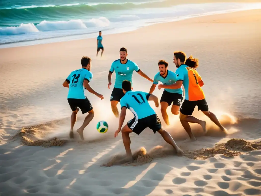 Jóvenes jugadores de fútbol playa en Uruguay, demostrando pasión y competencia, con olas de fondo