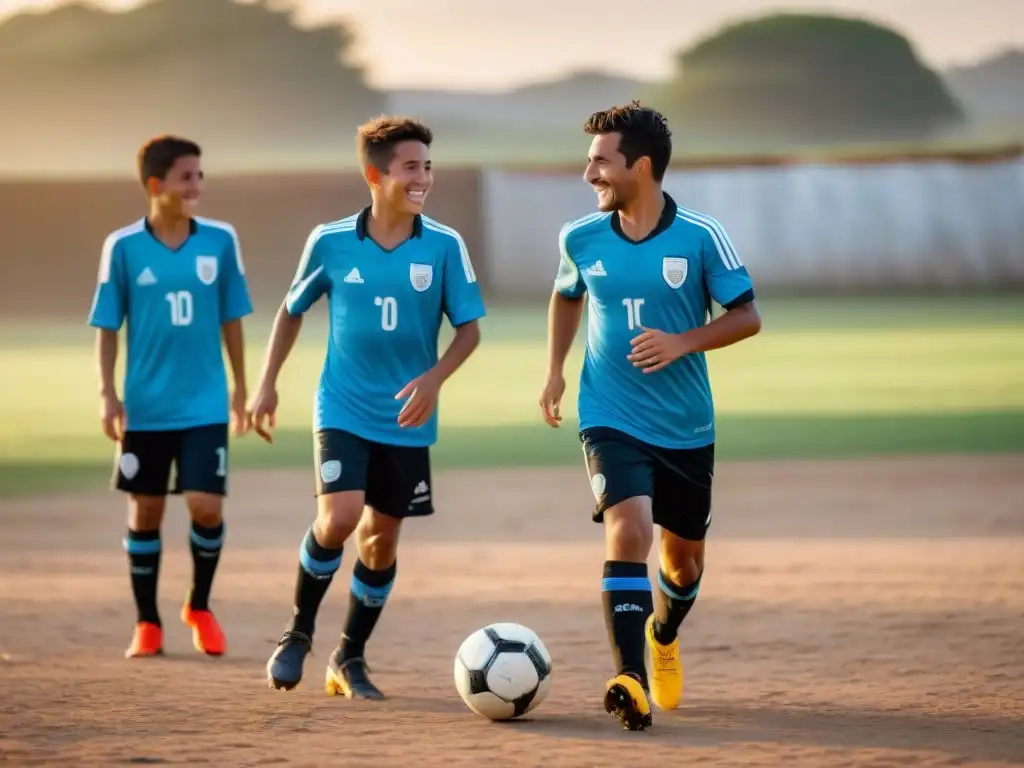 Jóvenes jugadores de fútbol en escuela de barrio en Uruguay, entrenando con pasión al atardecer