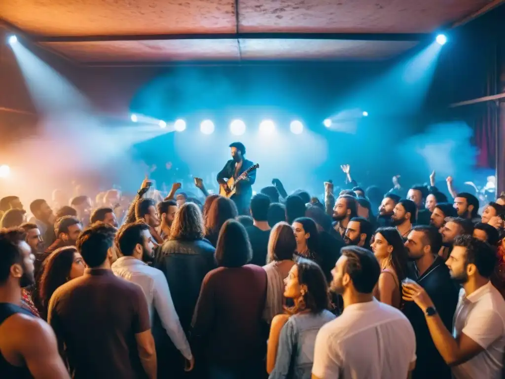 Jóvenes disfrutan de la música indie en Uruguay, bailando y escuchando atentamente, en un vibrante concierto con luces de colores