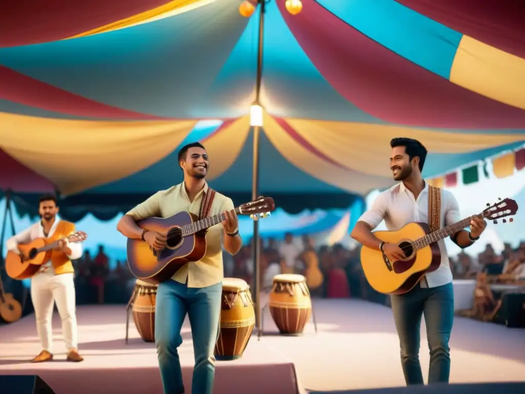 Jóvenes músicos animan el Festival de la Juventud en Salto con sus instrumentos tradicionales, bajo una carpa colorida