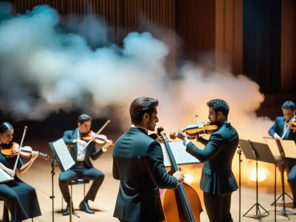 Jóvenes músicos de la Orquesta Juvenil de Uruguay en apasionada actuación en escenario elegante