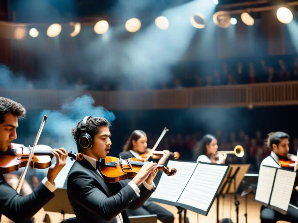 Jóvenes músicos de la Orquesta Juvenil de Uruguay tocando con pasión, conectando con la generación futura de talentos musicales