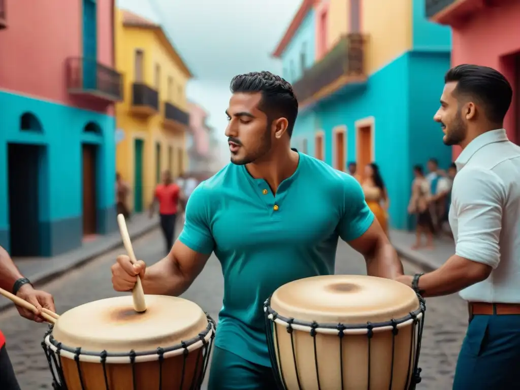 Jóvenes músicos uruguayos tocan candombe en Barrio Sur