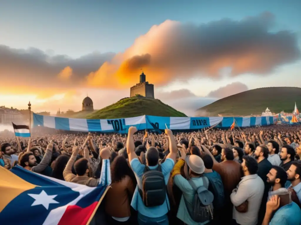 Jóvenes músicos uruguayos rockean en escenario improvisado entre multitud variada ondeando banderas, enérgica resistencia cultural