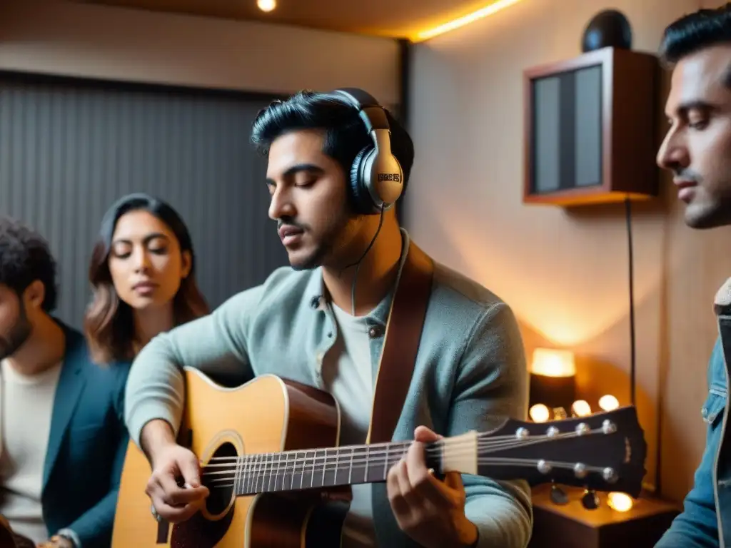 Jóvenes músicos uruguayos crean magia en un estudio de grabación, con una atmósfera íntima y apasionada