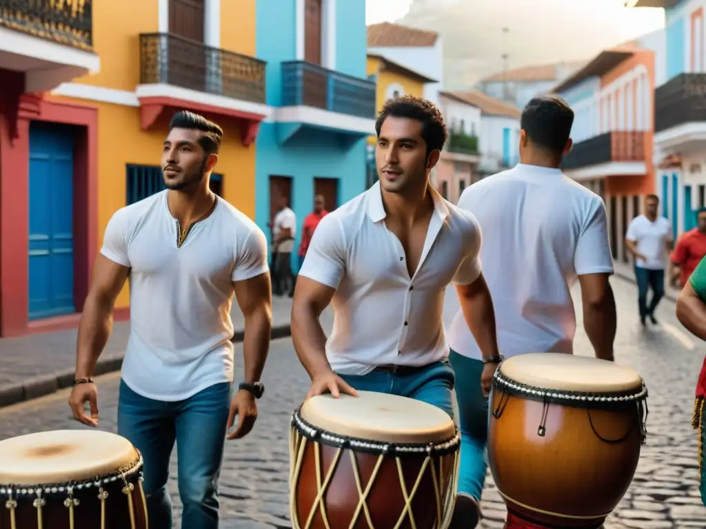 Jóvenes músicos uruguayos tocan tambores de candombe en Barrio Sur, Uruguay, transmitiendo pasión y energía cultural en la vibrante escena urbana