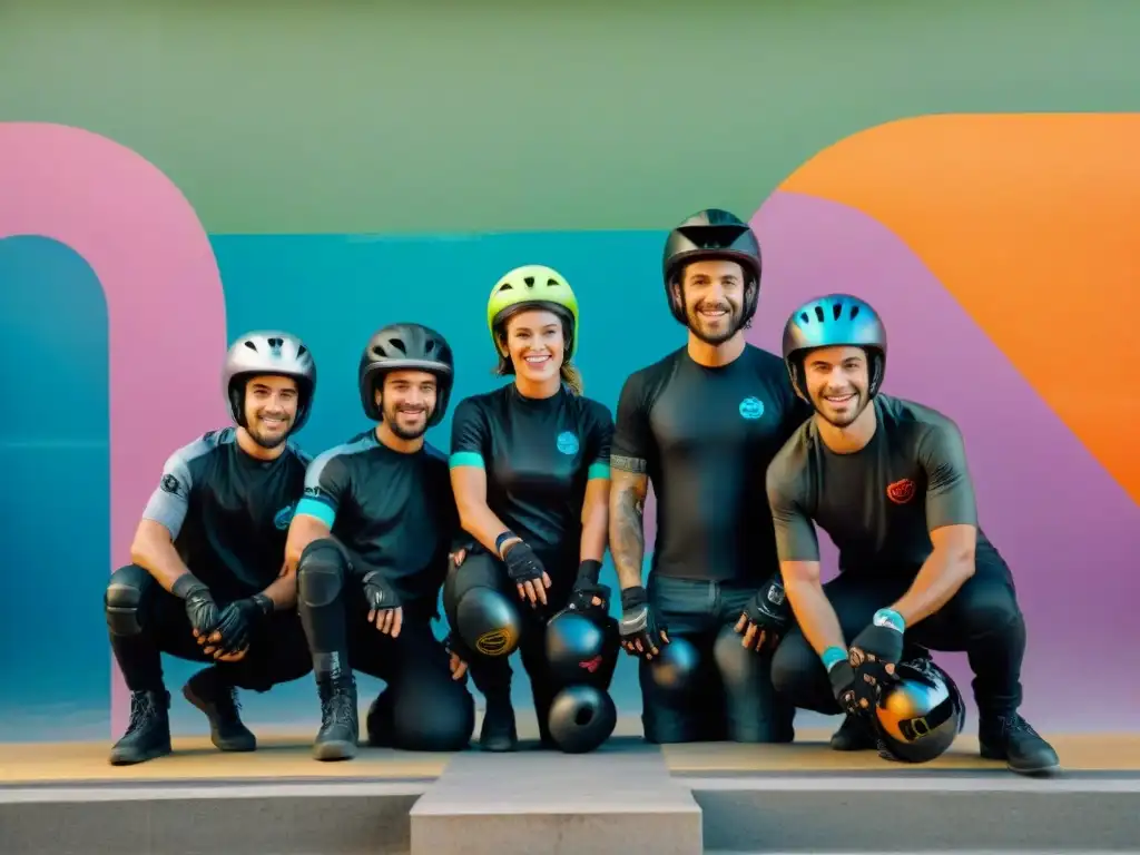 Jóvenes riders en Uruguay, listos con cascos y protecciones en un skate park